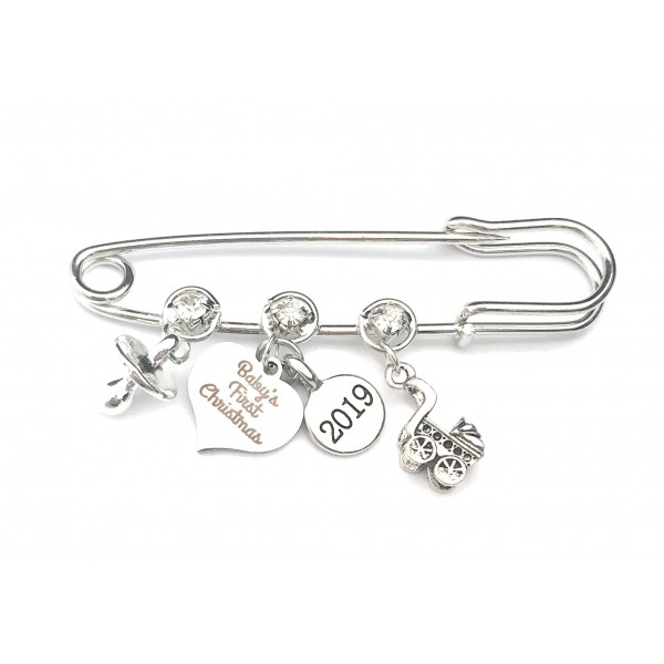 Baby's First Christmas 2019 Nappy Safety Pin with Baby Pram and Dummy